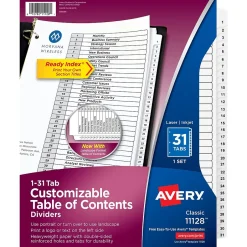 Avery Ready Index Table of Contents Pre-Printed Numeric Paper Divider, 31 Tabs, White, 1 Set (11128/RI21331C) New