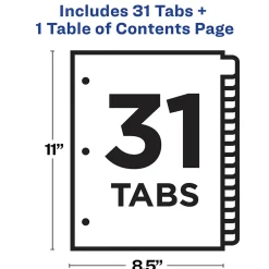 Avery Ready Index Table of Contents Pre-Printed Numeric Paper Divider, 31 Tabs, White, 1 Set (11128/RI21331C) New