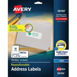 Avery Repositionable Inkjet Address Labels, 1" x 2-5/8", White, 750 Labels/Pack (58160)* Address Labels