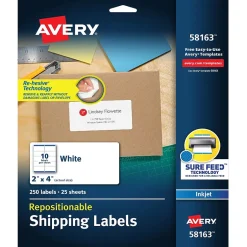 Avery Repositionable Inkjet Shipping Labels, 2" x 4", White, 250 Labels/Pack (58163)* Shipping Labels