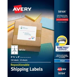 Avery Repositionable Inkjet Shipping Labels, 3-1/3" x 4", White, 150 Labels/Pack (58164)* Shipping Labels