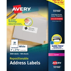 Avery Repositionable Laser Address Labels, 1" x 2-5/8", White, 3,000 Labels/Box (55160)* Address Labels
