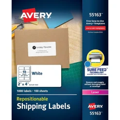 Avery Repositionable Laser Shipping Labels, 2" x 4", White, 1,000 Labels/Box (55163)* Shipping Labels