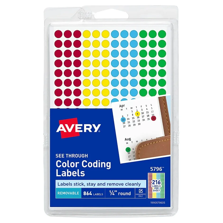 Avery See-Through Color Coding Labels, 1/4" Diameter, Translucent Assorted Colors, 864 Labels/Pack (5796) Outlet