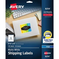 Avery Sure Feed Inkjet Shipping Labels, 3-1/3" x 4", White, 120 Labels/Pack (8254)* Shipping Labels