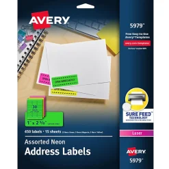 Avery Sure Feed Laser Address Labels, 1 x 2 5/8", Assorted Neon Colors, 450 Labels/Pack (5979)* Address Labels
