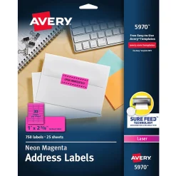 Avery Sure Feed Laser Address Labels, 1" x 2 5/8", Neon Magenta, 750 Labels/Pack (5970)* Address Labels