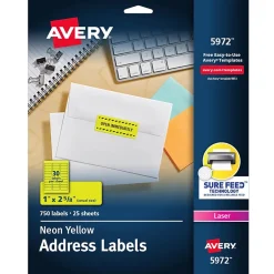 Avery Sure Feed Laser Address Labels, 1" x 2 5/8", Neon Yellow, 750 Labels/Pack (5972)* Address Labels