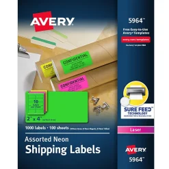 Avery Sure Feed Laser Shipping Labels, 2"x 4", Neon Assorted, 1,000 Labels/Box (5964)* Shipping Labels