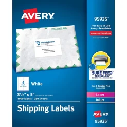 Avery Sure Feed Laser/Inkjet Shipping Labels, 3-1/2" x 5", White, 1,000 Labels/Box (95935)* Shipping Labels