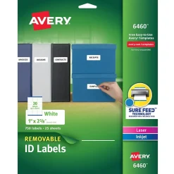 Avery Sure Feed Laser/Inkjet ID Labels, 1" x 2-5/8", White, 750 Labels/Pack (6460)