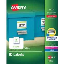 Avery Sure Feed Laser/Inkjet ID Labels, 2" x 2-5/8", White, 225 Labels/Pack (6572)* Shipping Labels