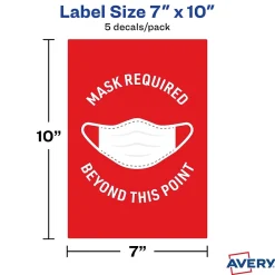 Social Distance Signage<Avery Surface Safe "Mask Required Beyond This Point" Preprinted Wall Decals, 7" x 10", Red/White, 5 Pack (83177)