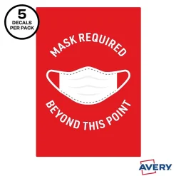 Social Distance Signage<Avery Surface Safe "Mask Required Beyond This Point" Preprinted Wall Decals, 7" x 10", Red/White, 5 Pack (83177)