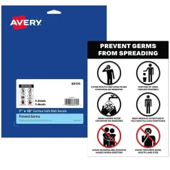 Social Distance Signage<Avery Surface Safe "Prevent Germs from Spreading" Preprinted Wall Decals, 7" x 10", White/Black, 5/Pack (83174)