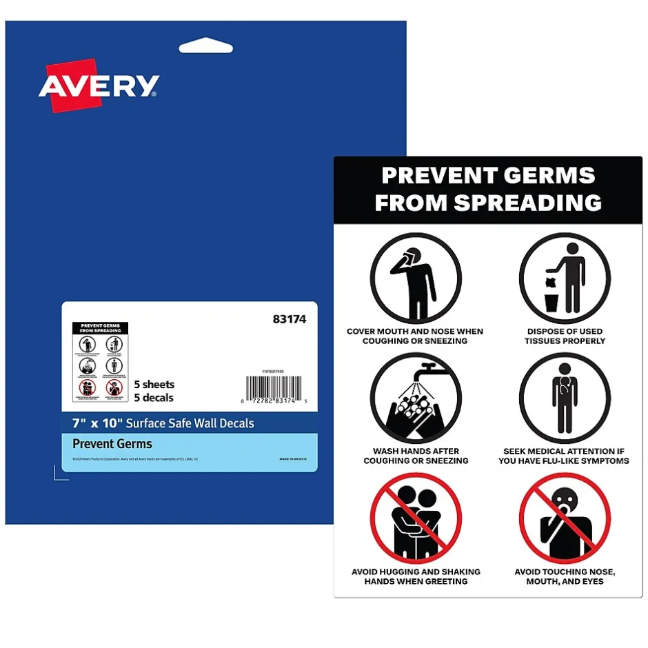 Social Distance Signage<Avery Surface Safe "Prevent Germs from Spreading" Preprinted Wall Decals, 7" x 10", White/Black, 5/Pack (83174)