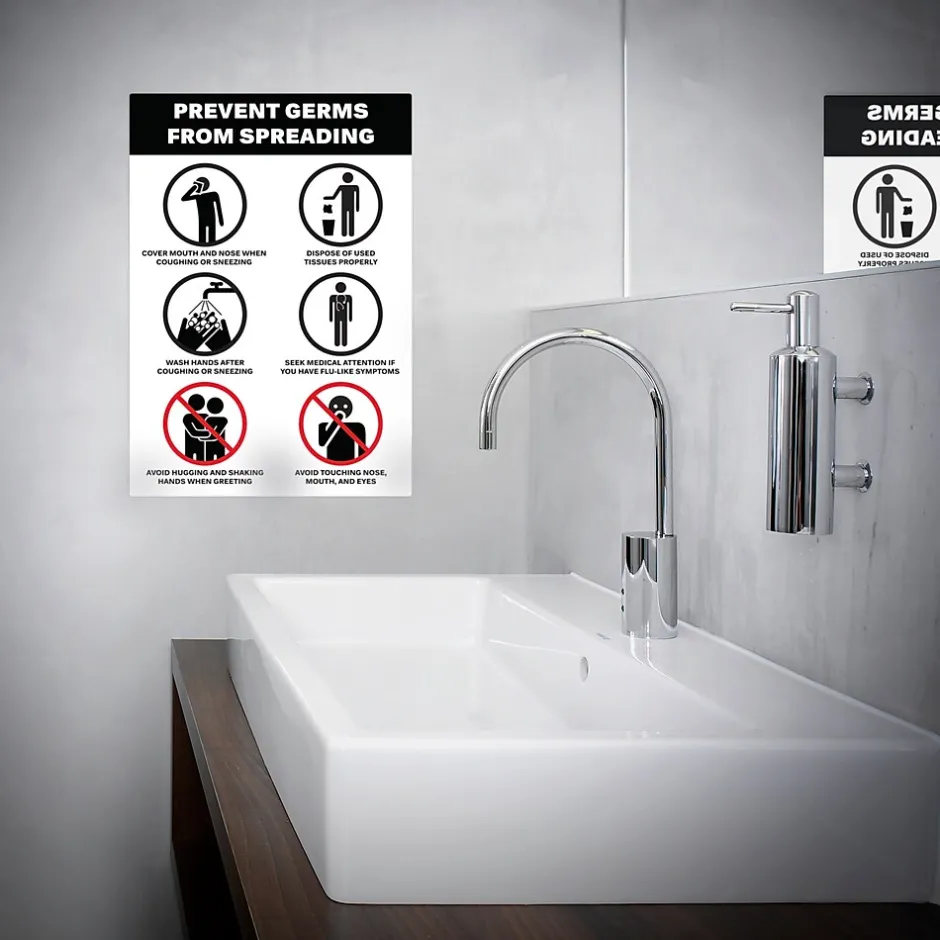 Social Distance Signage<Avery Surface Safe "Prevent Germs from Spreading" Preprinted Wall Decals, 7" x 10", White/Black, 5/Pack (83174)