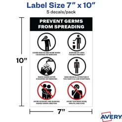 Social Distance Signage<Avery Surface Safe "Prevent Germs from Spreading" Preprinted Wall Decals, 7" x 10", White/Black, 5/Pack (83174)