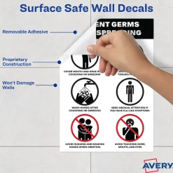 Social Distance Signage<Avery Surface Safe "Prevent Germs from Spreading" Preprinted Wall Decals, 7" x 10", White/Black, 5/Pack (83174)