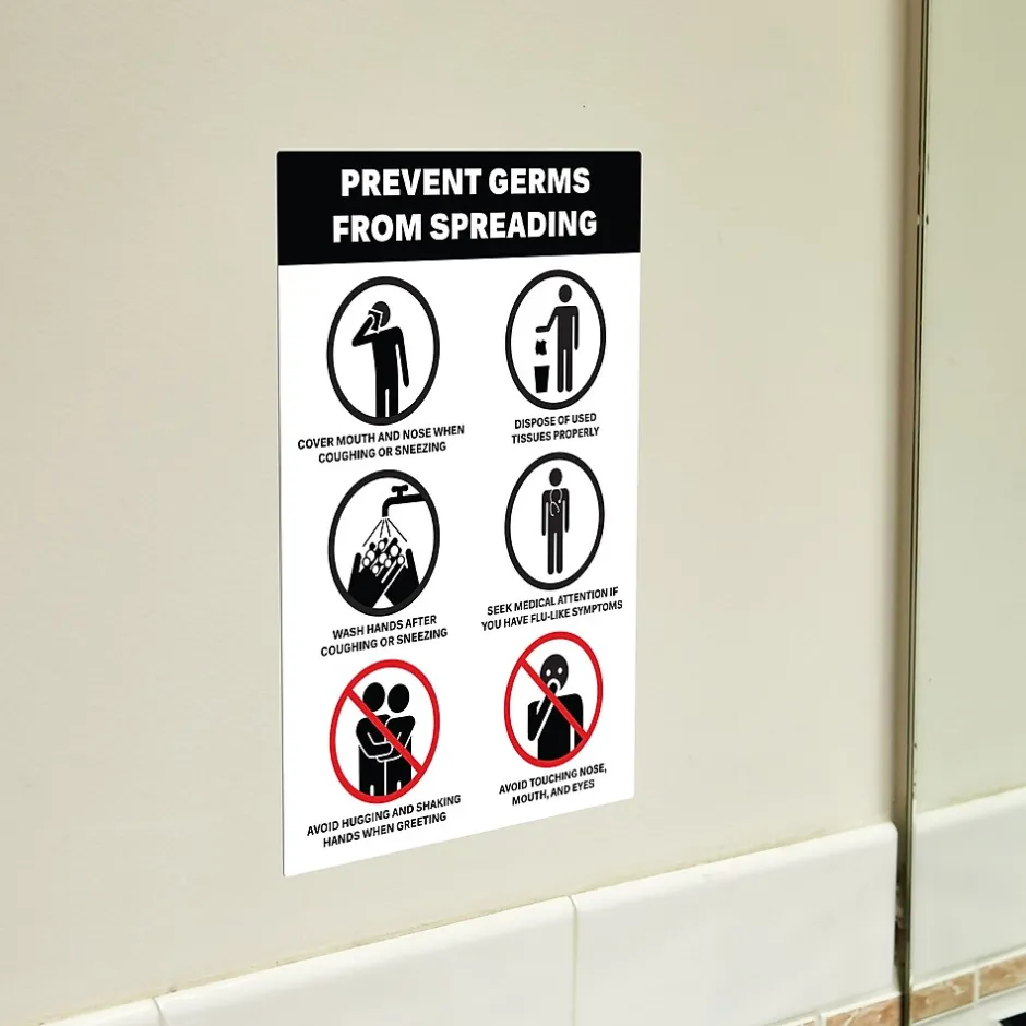 Social Distance Signage<Avery Surface Safe "Prevent Germs from Spreading" Preprinted Wall Decals, 7" x 10", White/Black, 5/Pack (83174)