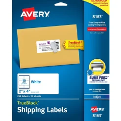 Avery TrueBlock Inkjet Shipping Labels, 2" x 4", White, 250 Labels/Pack (8163)* Shipping Labels