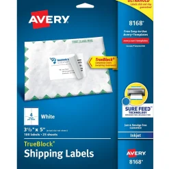 Avery TrueBlock Inkjet Shipping Labels, 3-1/2" x 5", White, 100 Labels/Pack (8168)* Shipping Labels