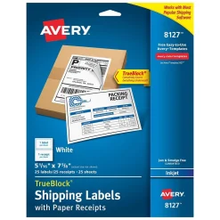 Avery TrueBlock Inkjet Shipping Labels with Paper Receipts, 5-1/16" x 7-5/8", White, 25 Labels/Pack (8127) Hot