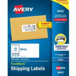 Avery TrueBlock Inkjet Shipping Labels, 2" x 4", White, 1,000 Labels/Box (8463)* Shipping Labels