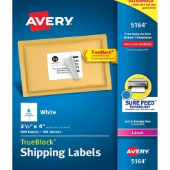 Avery TrueBlock Laser Shipping Labels, 3-1/3" x 4", White, 600 Labels/Box (5164)* Shipping Labels