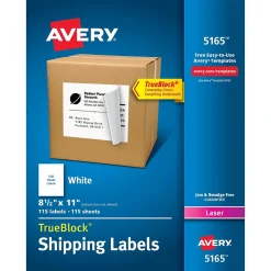 Avery TrueBlock Laser Shipping Labels, 8-1/2" x 11", White, 100 Labels/Box (5165)* Shipping Labels