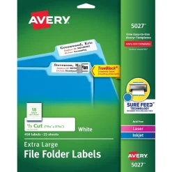 Avery TrueBlock Laser/Inkjet Extra Large File Folder Labels, 15/16" x 3-7/16", White, 450 Labels/Pack (5027) Clearance