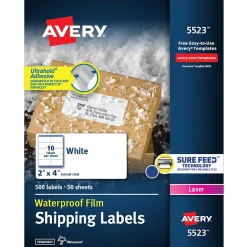 Avery Waterproof Laser Shipping Labels, 2" x 4", Matte White, 500 Labels/Box (5523) Clearance