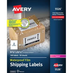 Avery Waterproof Laser Shipping Labels, 5-1/2" x 8-1/2", Matte White, 100 Labels/Box (5526)* Shipping Labels