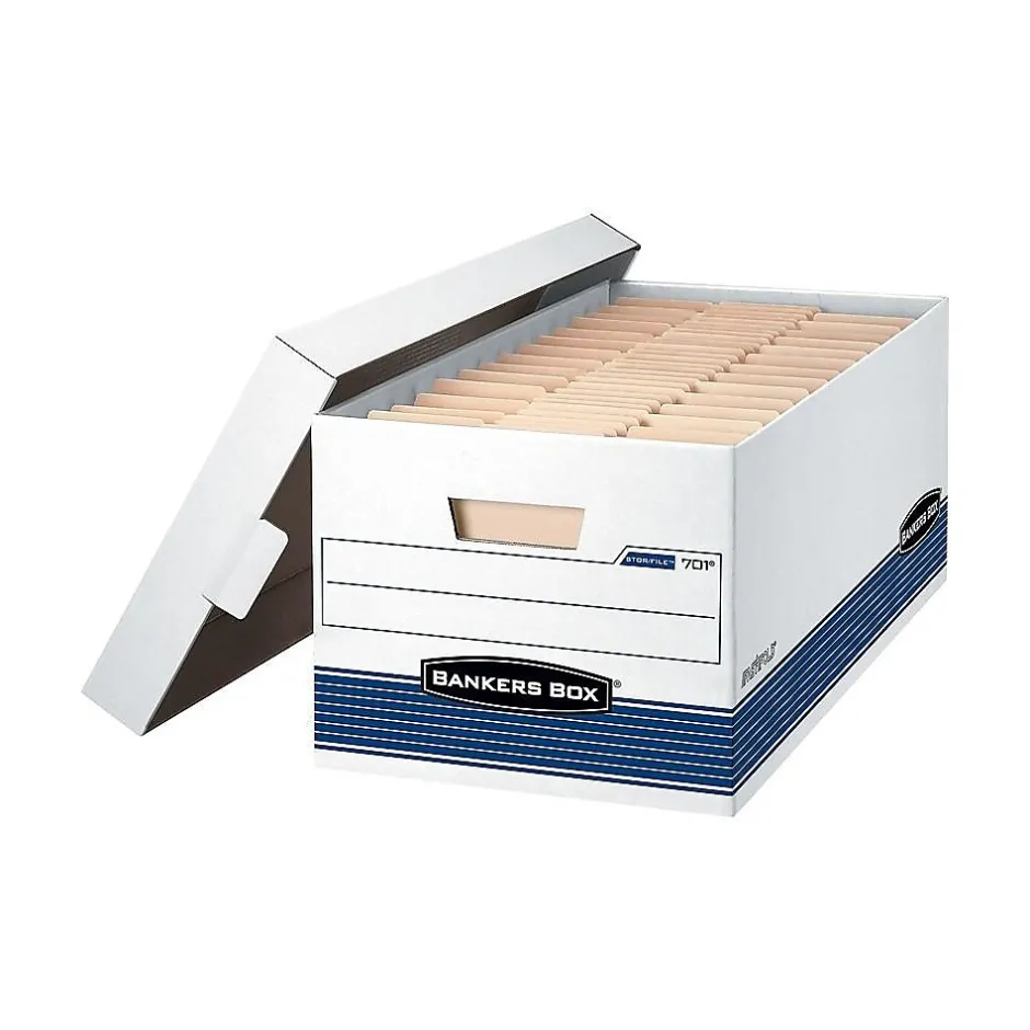 Bankers Box® Bankers Box Medium-Duty FastFold Corrugated File Storage Boxes, Lift-Off Lid, 24" Legal Size, White/Blue, 4/Carton (0070205) New