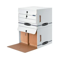 Bankers Box® Bankers Box Side-Tab Drop-Front Corrugated File Storage Boxes, String & Button, Letter Size, White/Blue, 12/Carton (00061)