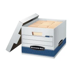 Bankers Box® Bankers Box Stor/File™ Medium-Duty FastFold File Storage Boxes, Lift-Off Lid, Letter/Legal Size, White/Blue, 4/Carton (0078907) New