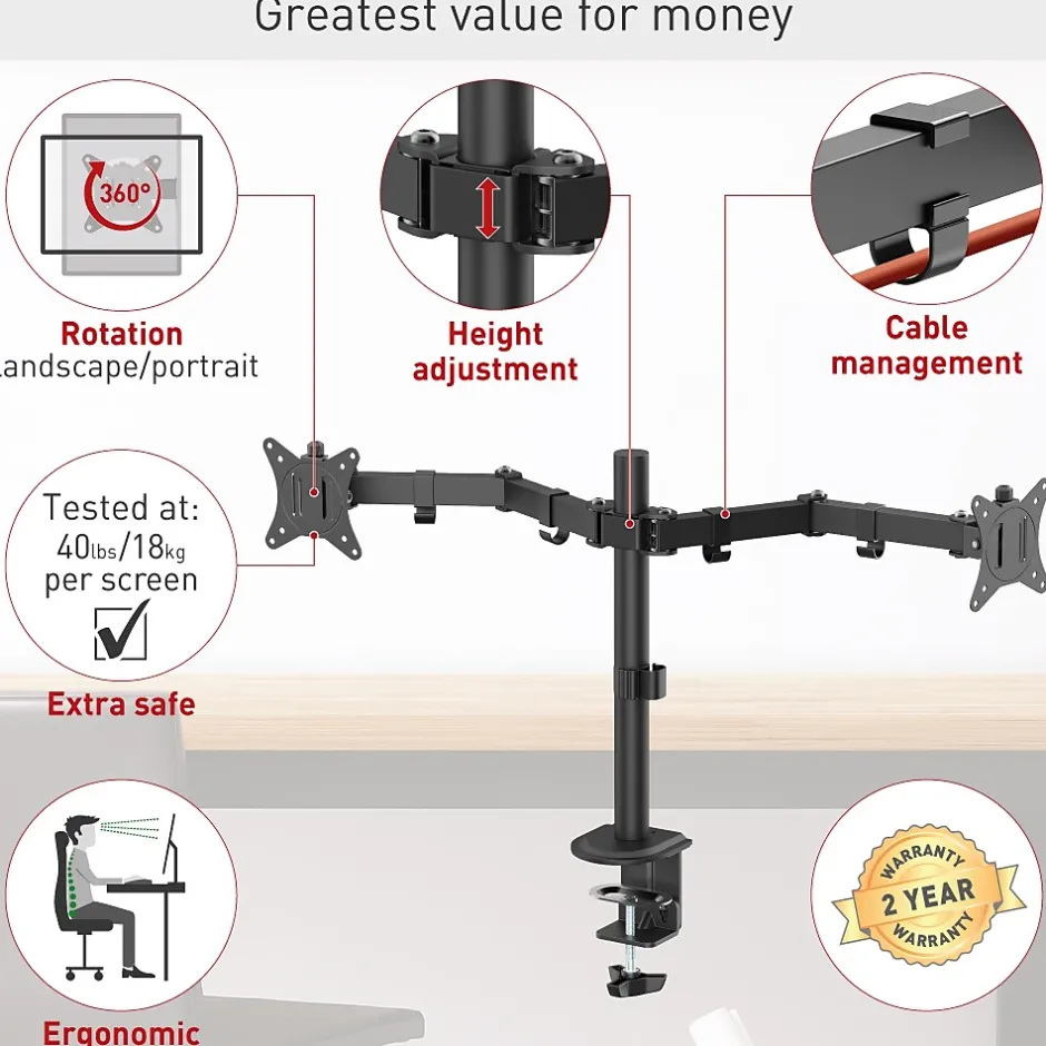 Barkan Adjustable Dual Arms, Up to 32" Monitor, Black (M142T)* Monitor Mounts & Stands