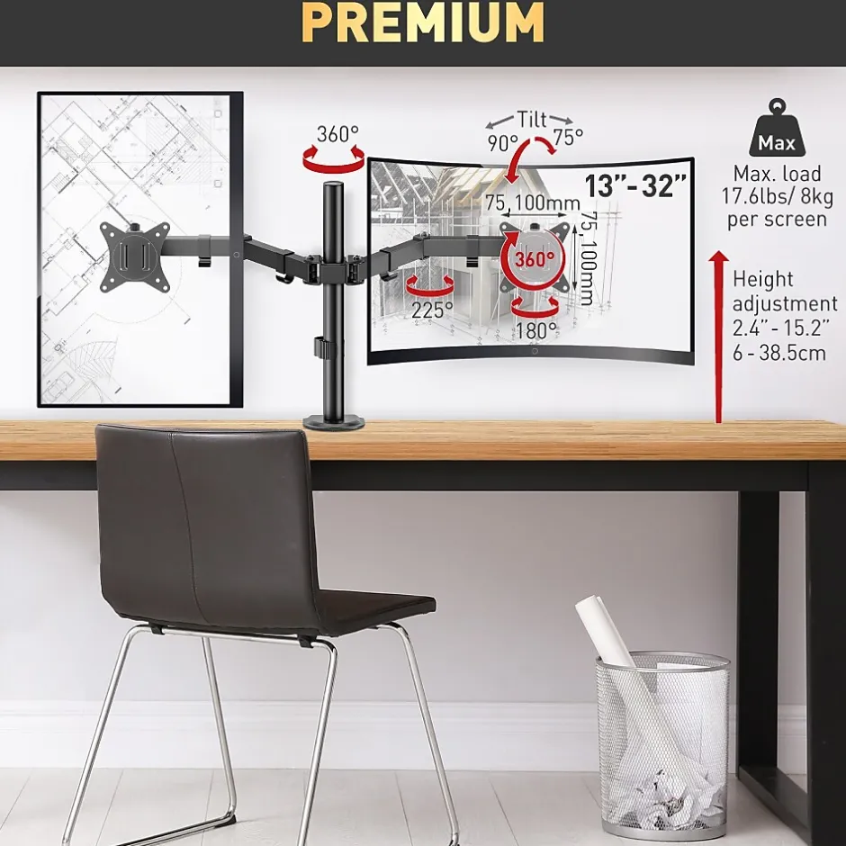 Barkan Adjustable Dual Arms, Up to 32" Monitor, Black (M142T)* Monitor Mounts & Stands