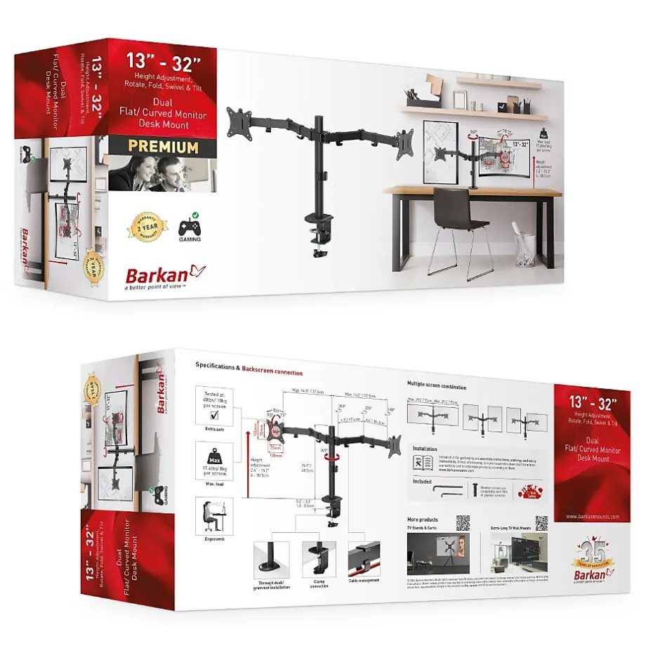 Barkan Adjustable Dual Arms, Up to 32" Monitor, Black (M142T)* Monitor Mounts & Stands