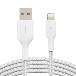Power Cables<Belkin BOOST CHARGE Braided Lightning to USB-A Cable, 3.3 ft., White (CAA002BT1MWH)