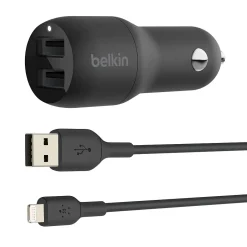 Belkin BOOST CHARGE Dual USB-A Car Charger, 24W + USB-A to Lightning Cable, Black