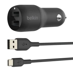 Belkin BOOST CHARGE Dual USB-A Car Charger, 24W + USB-A to USB-C Cable, Black