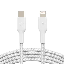Power Cables<Belkin 3.3-ft BOOST CHARGE Braided USB-C to Lightning Cable for iPad/iPhone/iPod (M/M), White (CAA004bt1MWH)