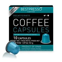 Keurig K-Cups<Bestpresso Decaffeinatio Blend Coffee Nespresso Original Pods, Light Roast, 10/Box (BST10423)