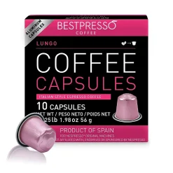 Keurig K-Cups<Bestpresso Lungo Blend Coffee Nespresso Original Pods, Dark Roast, 10/Box (BST10425)
