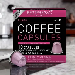 Keurig K-Cups<Bestpresso Lungo Blend Coffee Nespresso Original Pods, Dark Roast, 10/Box (BST10425)