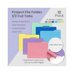 Better Office Heavy-Duty File Folders, 1/3-Cut Tab, Letter Size, Polypropylene, Pastel Rainbow, 12/Pack (89023-12PK) New