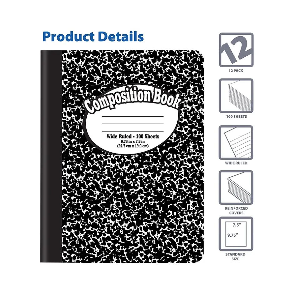 Better Office 1-Subject Composition Notebooks, 7.5" x 9.75", Wide Ruled, 100 Sheets, Black, 12/Pack (25112-12PK) Outlet