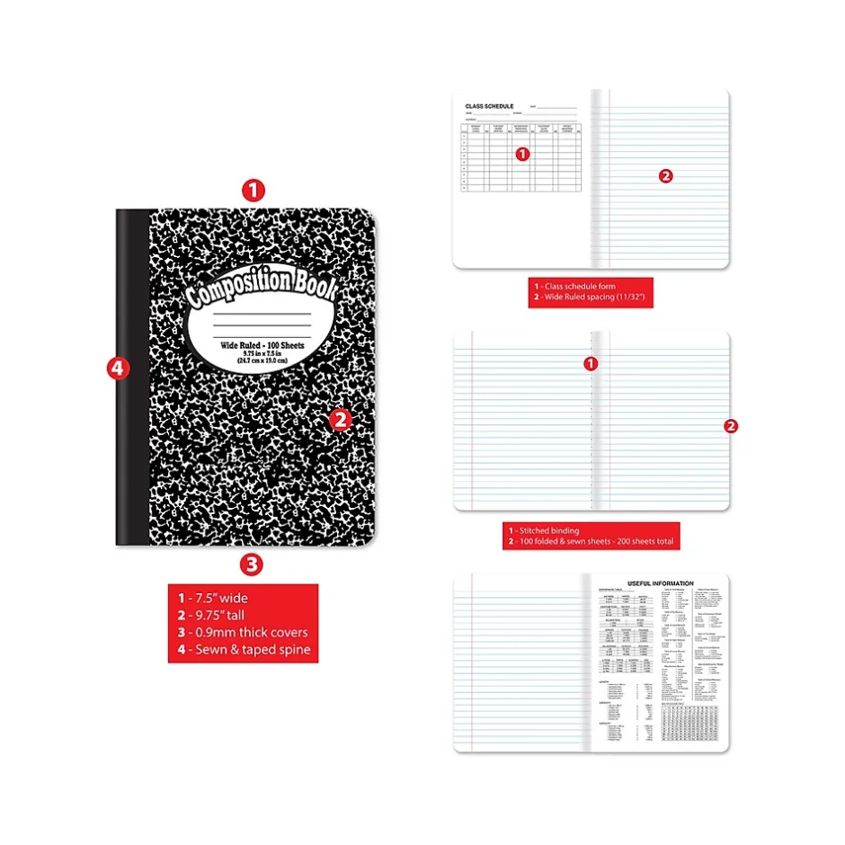 Better Office 1-Subject Composition Notebooks, 7.5" x 9.75", Wide Ruled, 100 Sheets, Black, 12/Pack (25112-12PK) Outlet