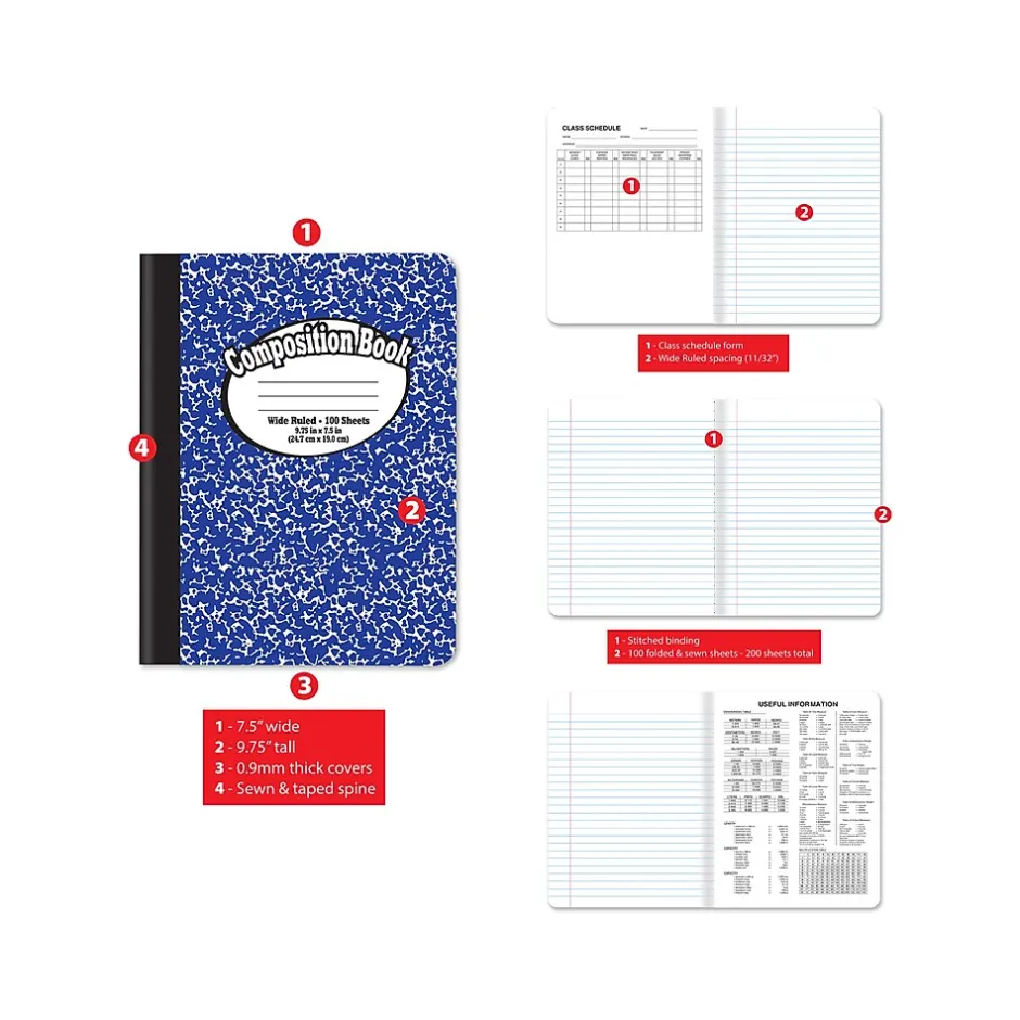 Better Office 1-Subject Composition Notebooks, 7.5" x 9.75", Wide Ruled, 100 Sheets, Assorted Colors, 12/Pack (25212-12PK) Online